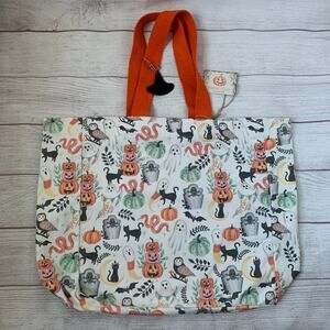 Hallow Home Halloween Reusable Cotton Canvas Tote Bag Pumpkin Black Cat Ghost